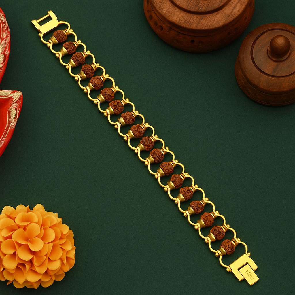 Gold bracelet with brown beads on a green background