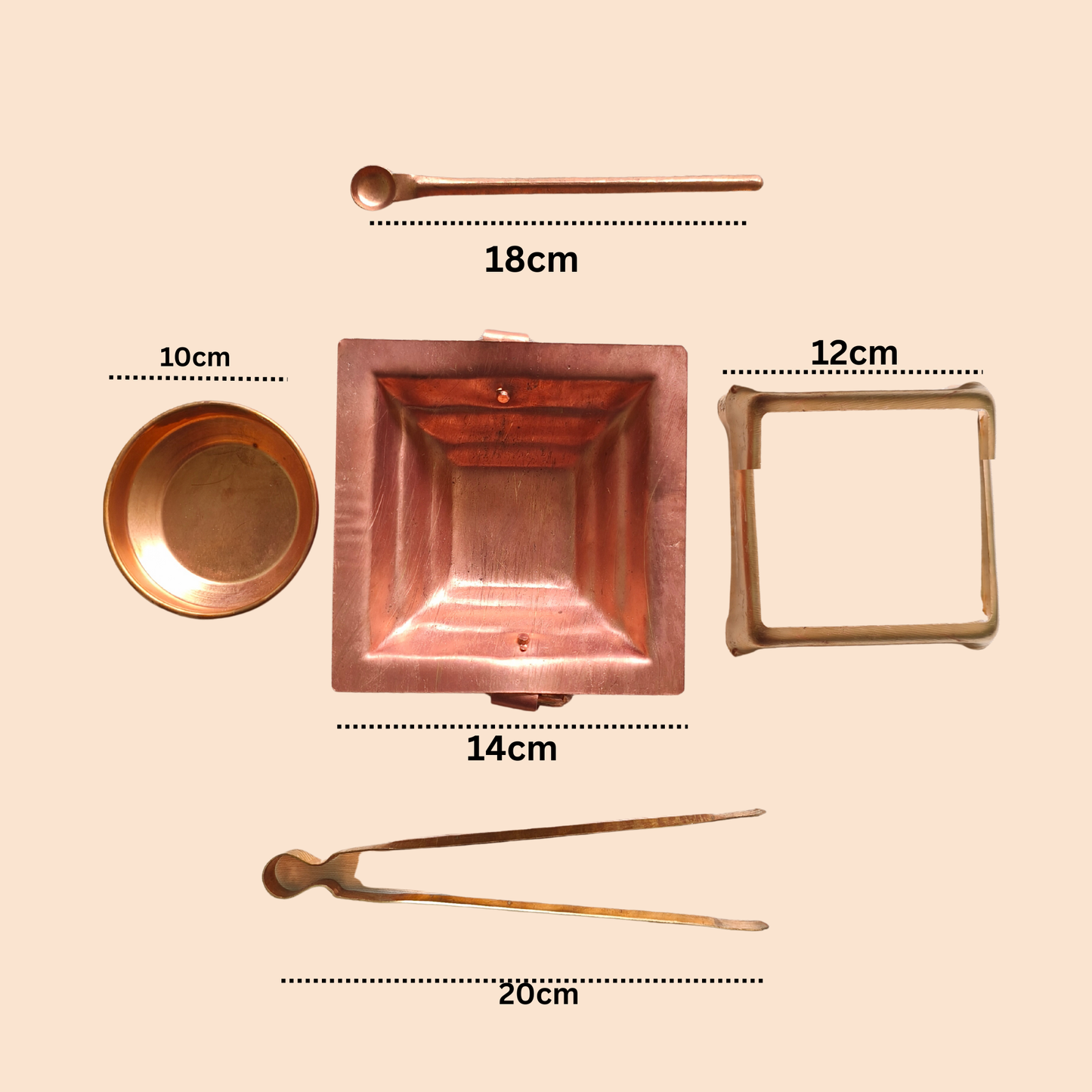 Copper Havan Kund - 5 Piece Set - Stand, Panchpatra, Achmani, Plate for Havan