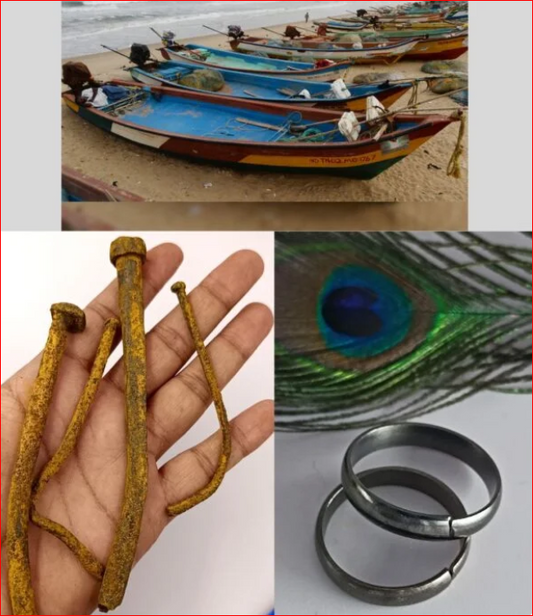 Collage of images including boats on a beach, dried roots, peacock feather, and metal rings.