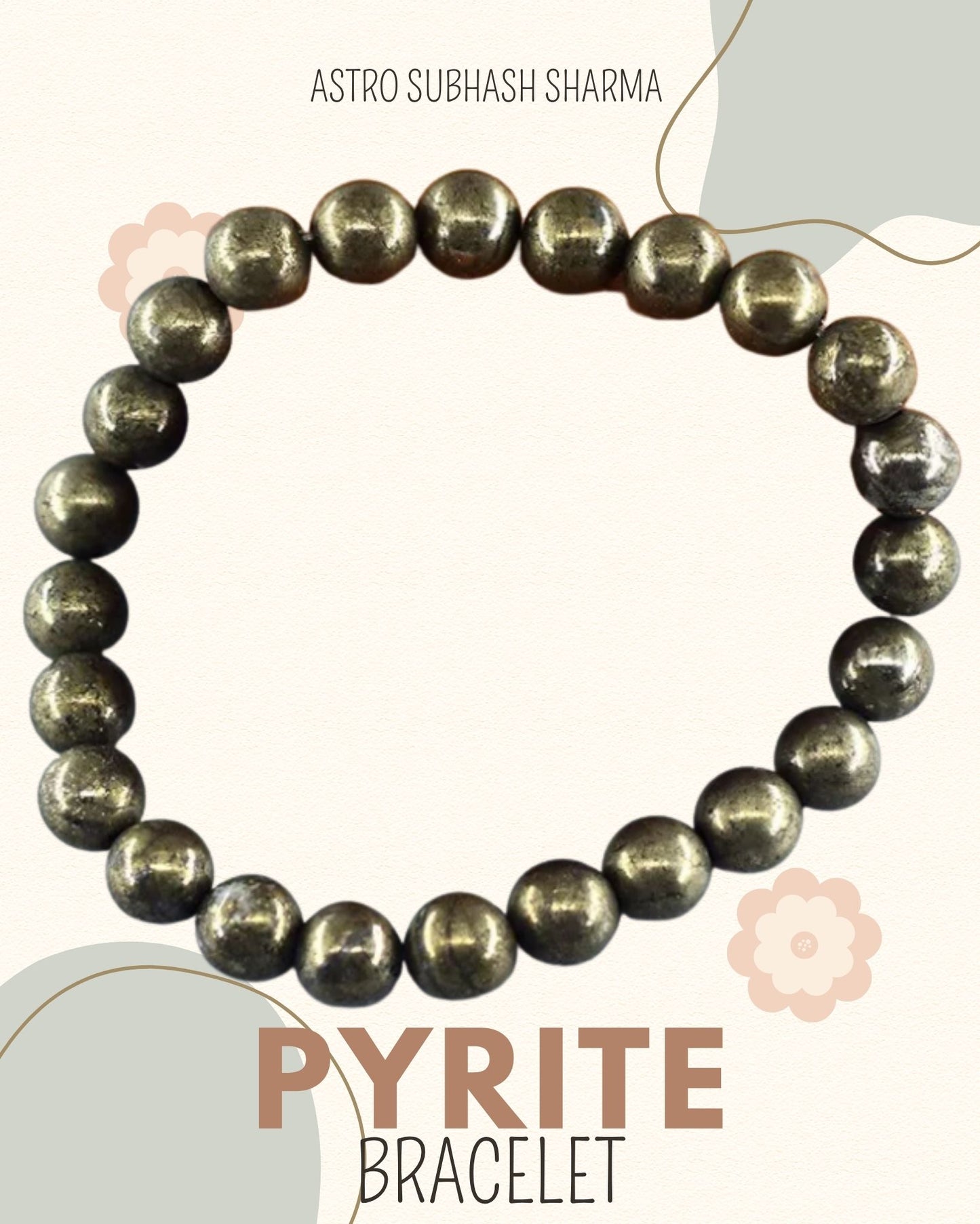 Pyrite bracelet on a white background with branding text.