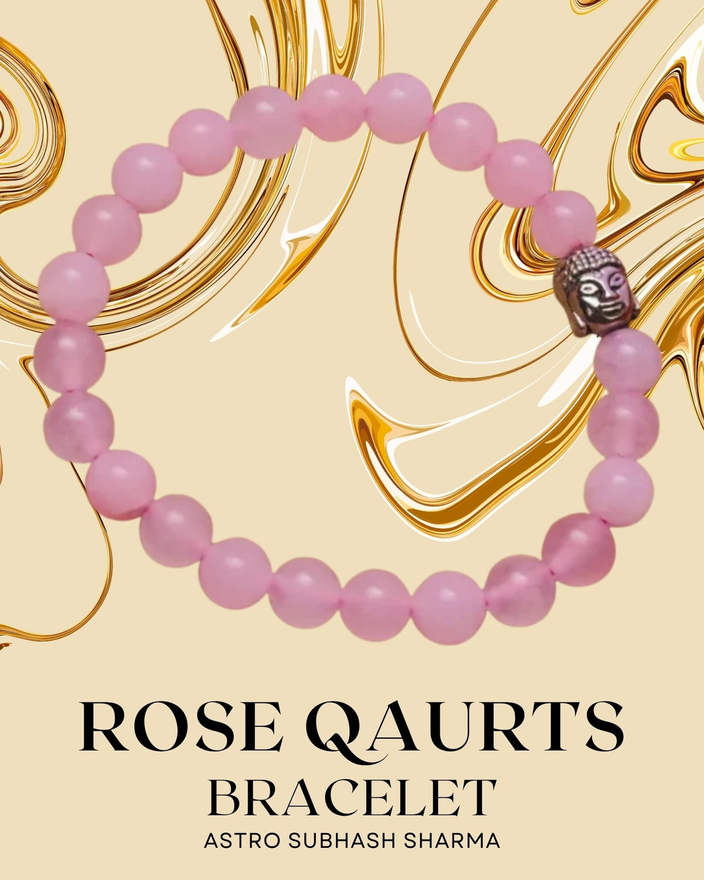 Rose Qaurts bracelet with pink beads and a Buddha charm on a gold and beige background