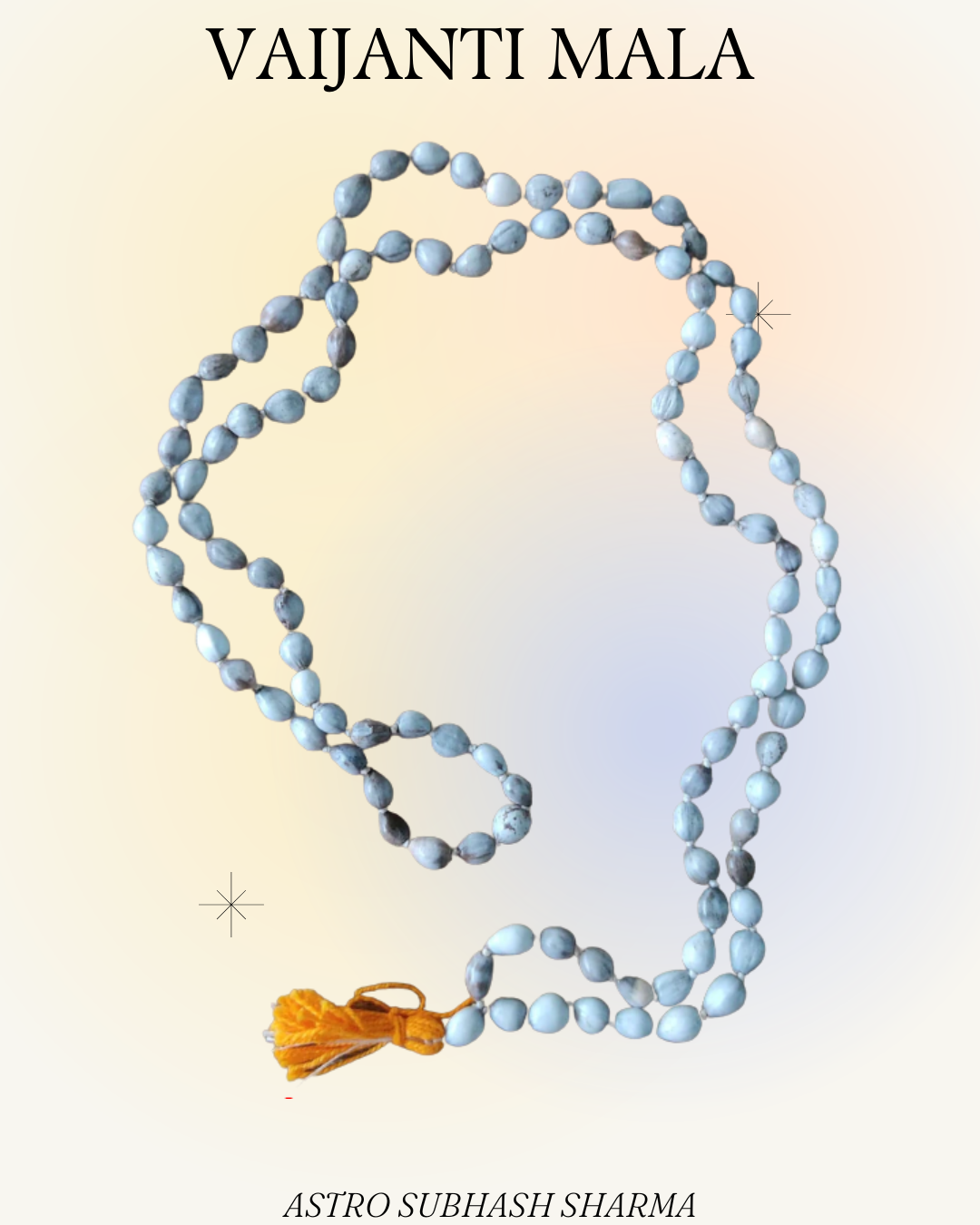 Vajanti Mala necklace with a yellow tassel on a gradient background, featuring the name 'Vaijanti Mala' and 'Astro Subhash Sharma'.