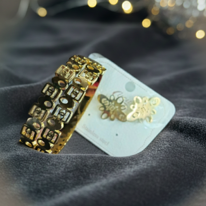 Gold Look Anti Tarnish Adjustable Bracelet With Earrings