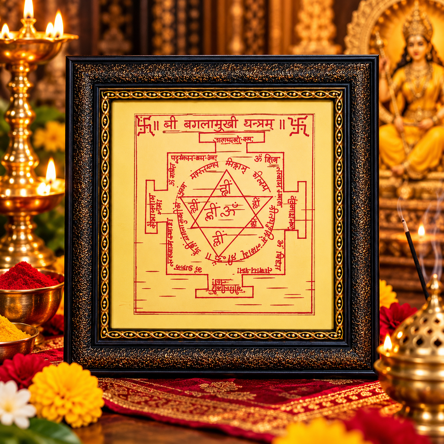 Baglamukhi Yantra - Energized Handmade on Sacred Bhojpatra 6 by 6 Frame Size