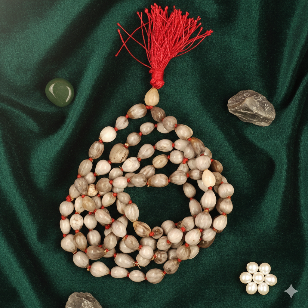 Meditation bead necklace with red tassel on a green fabric background