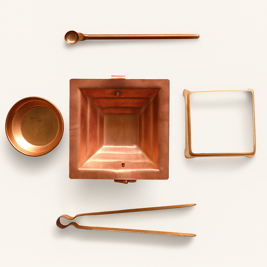 Copper Havan Kund - 5 Piece Set - Stand, Panchpatra, Achmani, Plate for Havan