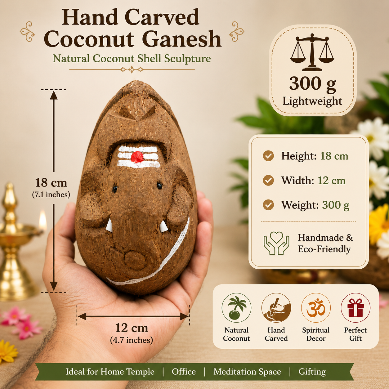 Hand Carved Coconut Ganesh Idol | Natural Dry Coconut Shell Sculpture | Spiritual Home Temple Decor | Vastu & Pooja Gift | 18 cm