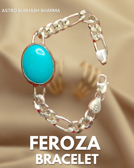 Silver bracelet with a blue stone on a beige background, branded 'Feroza'.