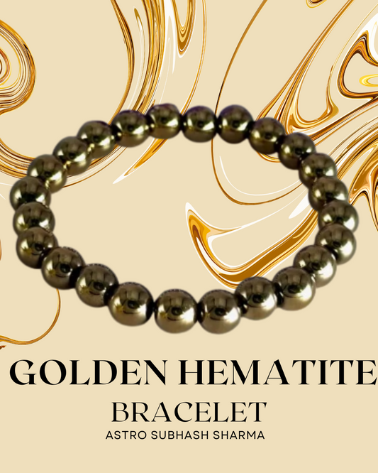 Gold hematite bracelet on a decorative background with text 'GOLDEN HEMATITE BRACELET' and 'ASTRO SUBHASH SHARMA'.