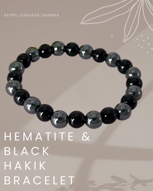 Hematite and Black Hakik bracelet on a beige background with text overlay.