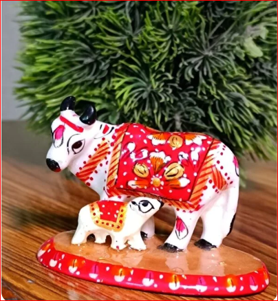 Decorative cow and calf figurine with a red pattern on a wooden base, against a green plant background.