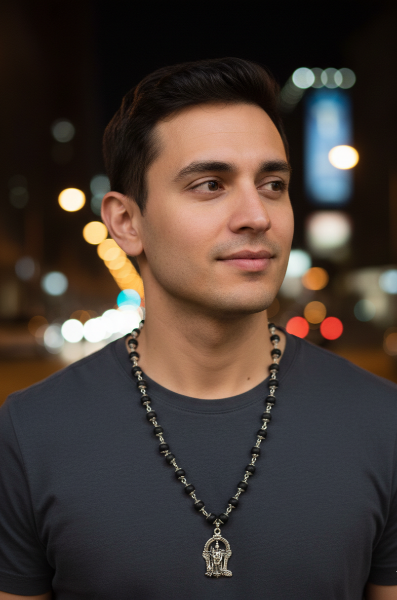 Karungali Mala With German Silver Cap & Locket