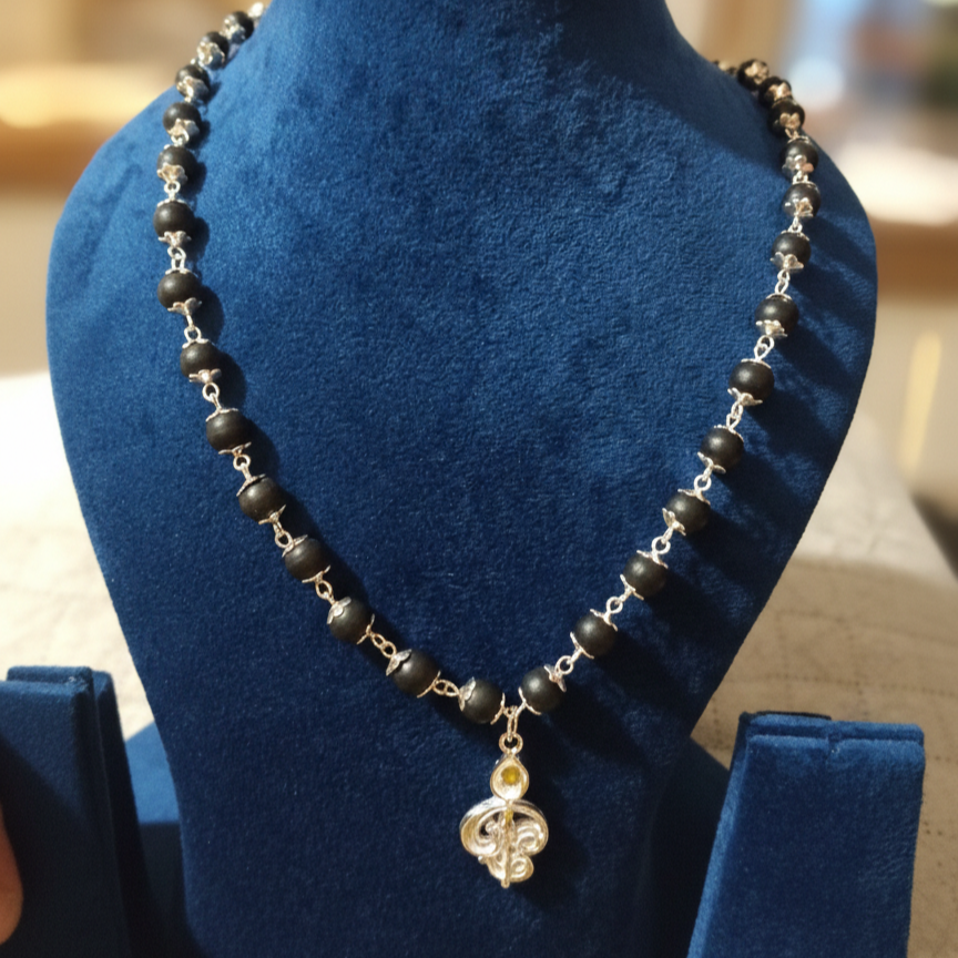 Karungali Mala With German Silver Cap & Locket