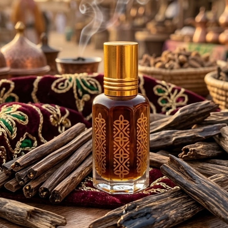 A bottle of perfume with a gold cap on a table with cinnamon sticks and decorative items.