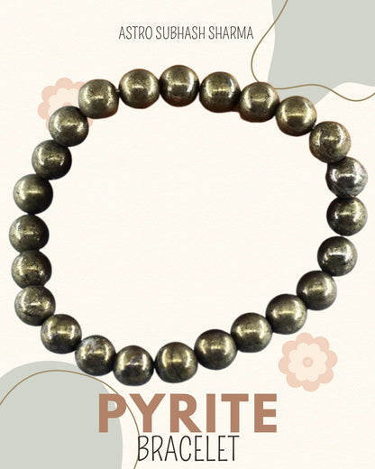 Pyrite bracelet on a white background with branding text.
