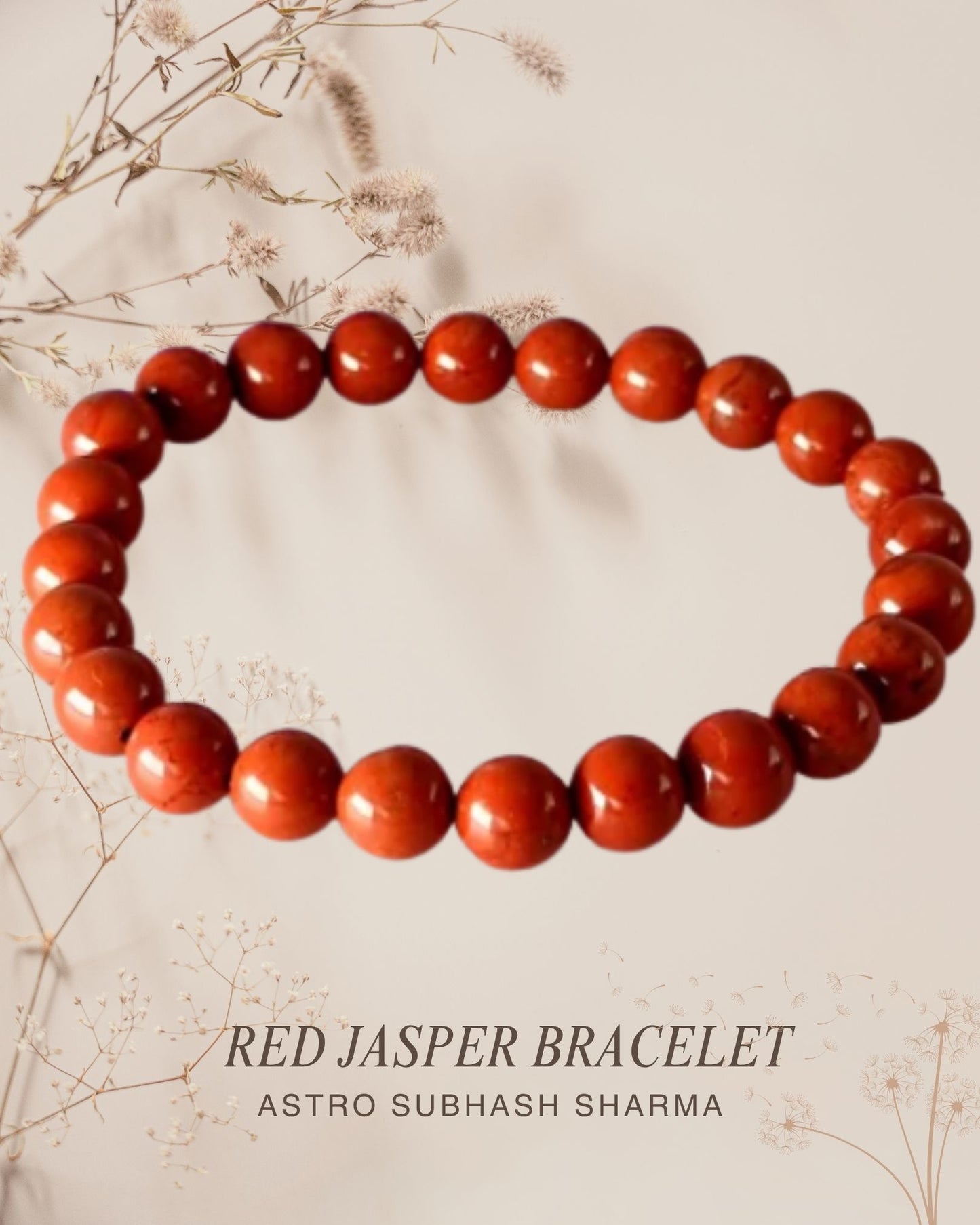 Red Jasper bracelet on a light background with text indicating the brand 'Astro Subhash Sharma'.