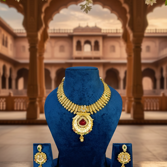 Polki Set - Ruby Red Stone, Pearl Work With Kundan And AD Work