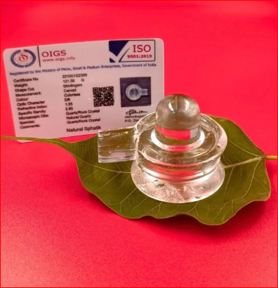 Clear crystal shivling on a green leaf with certification label against a red background