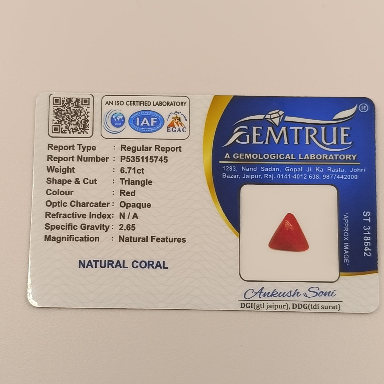 Triangle Red Coral – Trikon Lal Moonga - 5 Ratti in Copper or Silver Metal