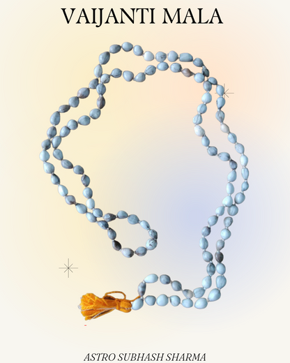 Vajanti Mala necklace with a yellow tassel on a gradient background, featuring the name 'Vaijanti Mala' and 'Astro Subhash Sharma'.