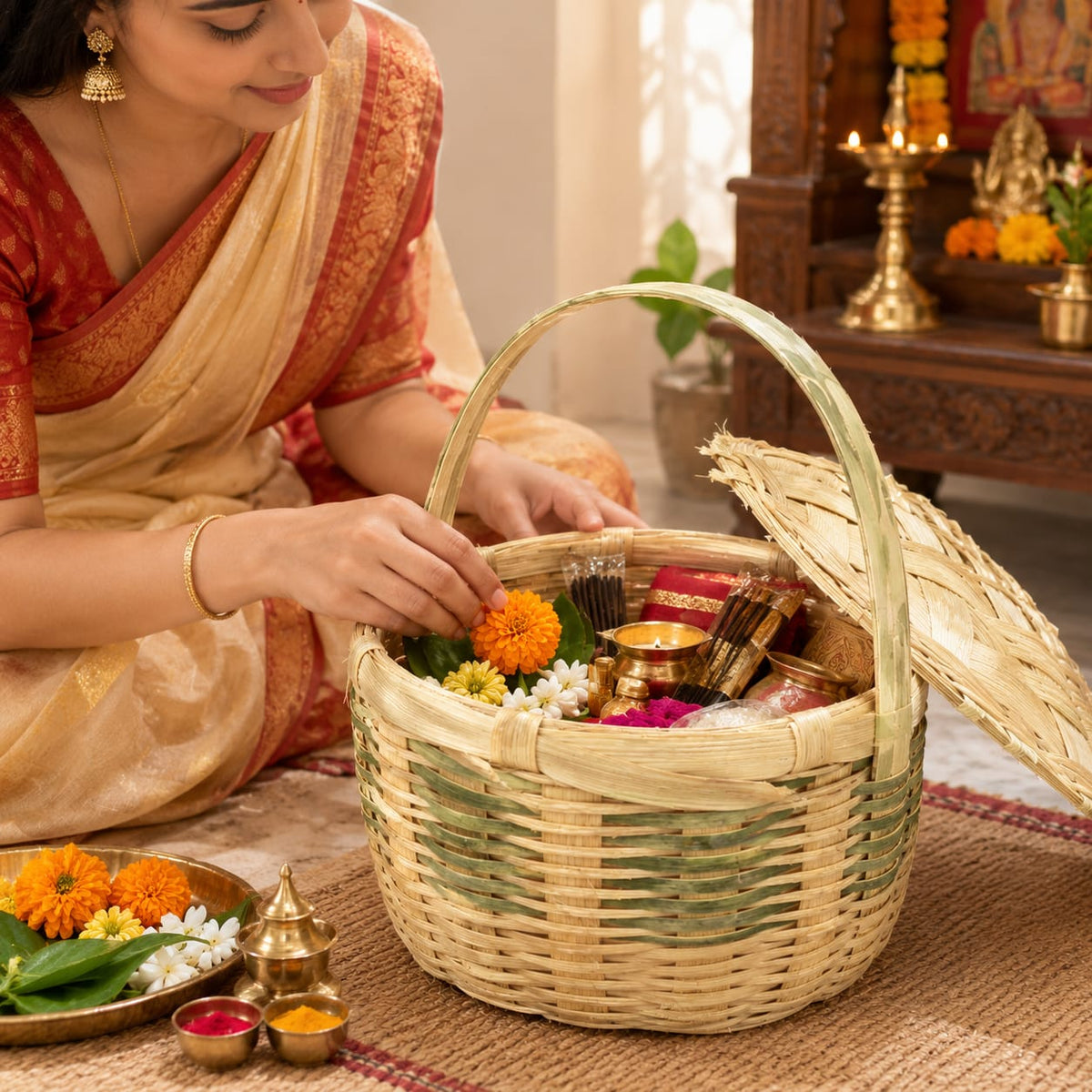Handcrafted Bamboo Puja Tokri with Lid – Natural & Eco-Friendly