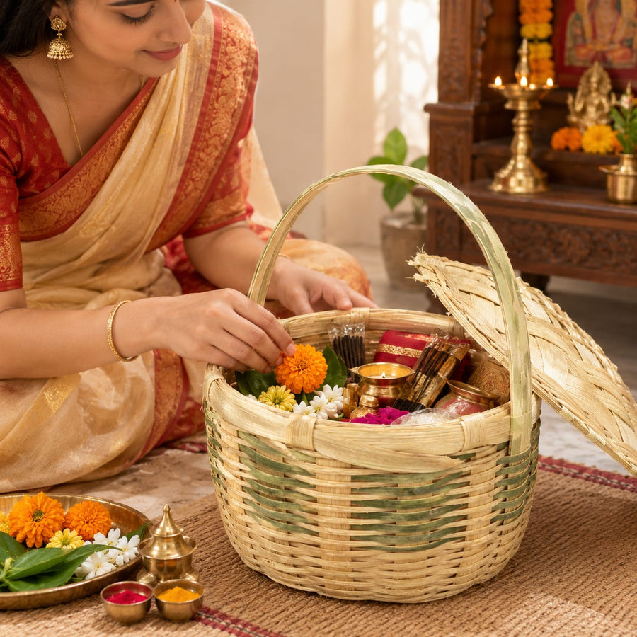 Handcrafted Bamboo Puja Tokri with Lid – Natural & Eco-Friendly