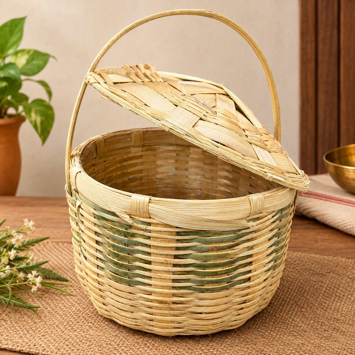Handcrafted Bamboo Puja Tokri with Lid – Natural & Eco-Friendly