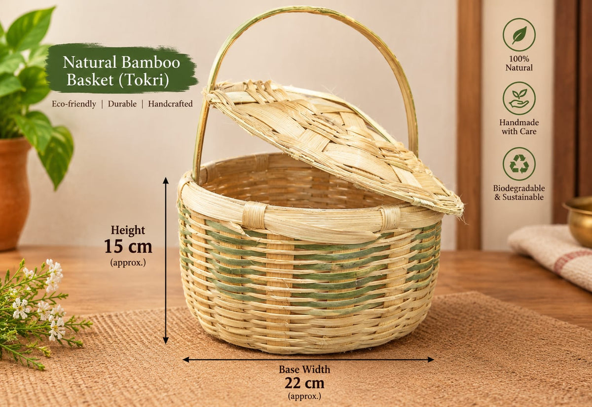 Handcrafted Bamboo Puja Tokri with Lid – Natural & Eco-Friendly