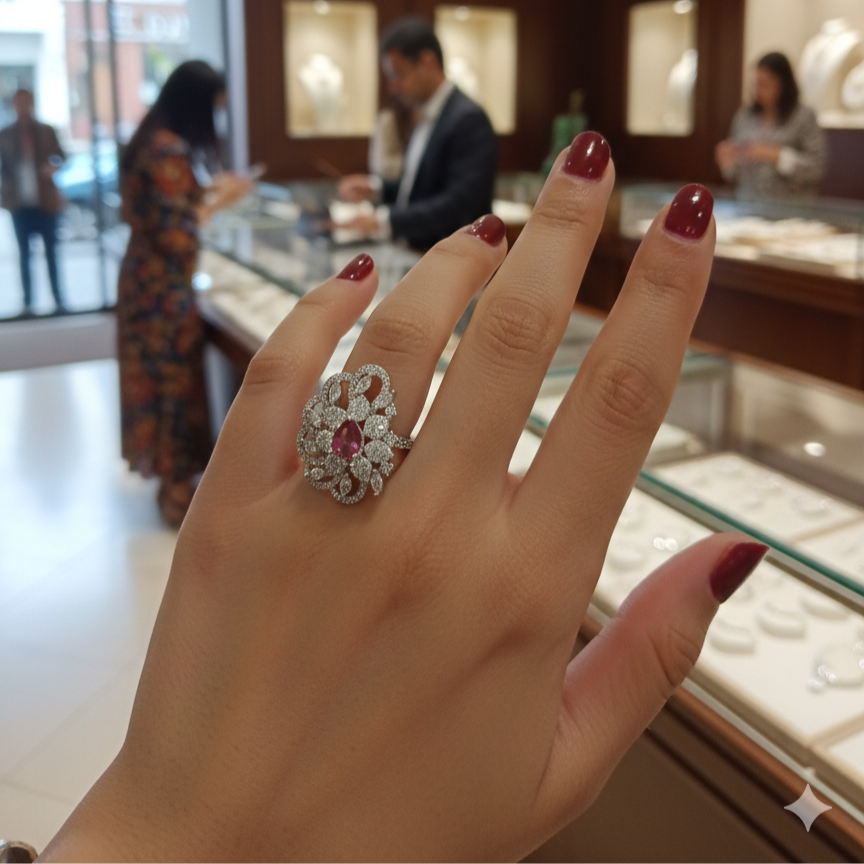 Ruby Red Cocktail Ring With Premium AD Stones