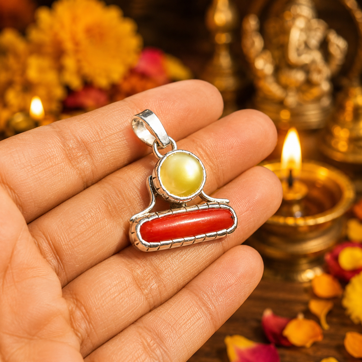 Golden Moti With Red Coral Combined Energized  Locket In Silver