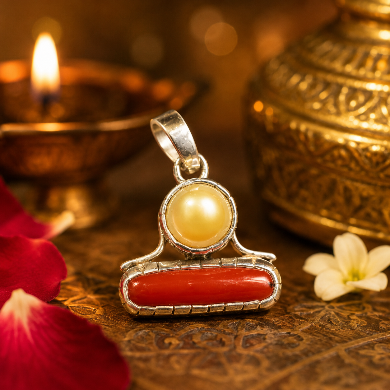 Golden Moti With Red Coral Combined Energized  Locket In Silver