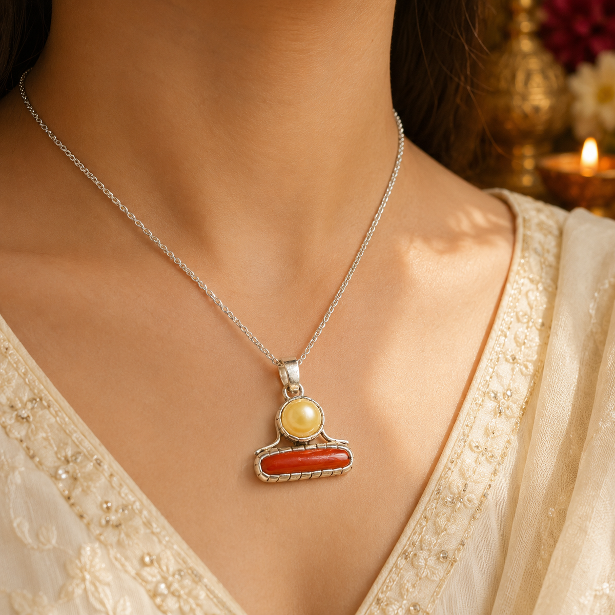 Golden Moti With Red Coral Combined Energized  Locket In Silver