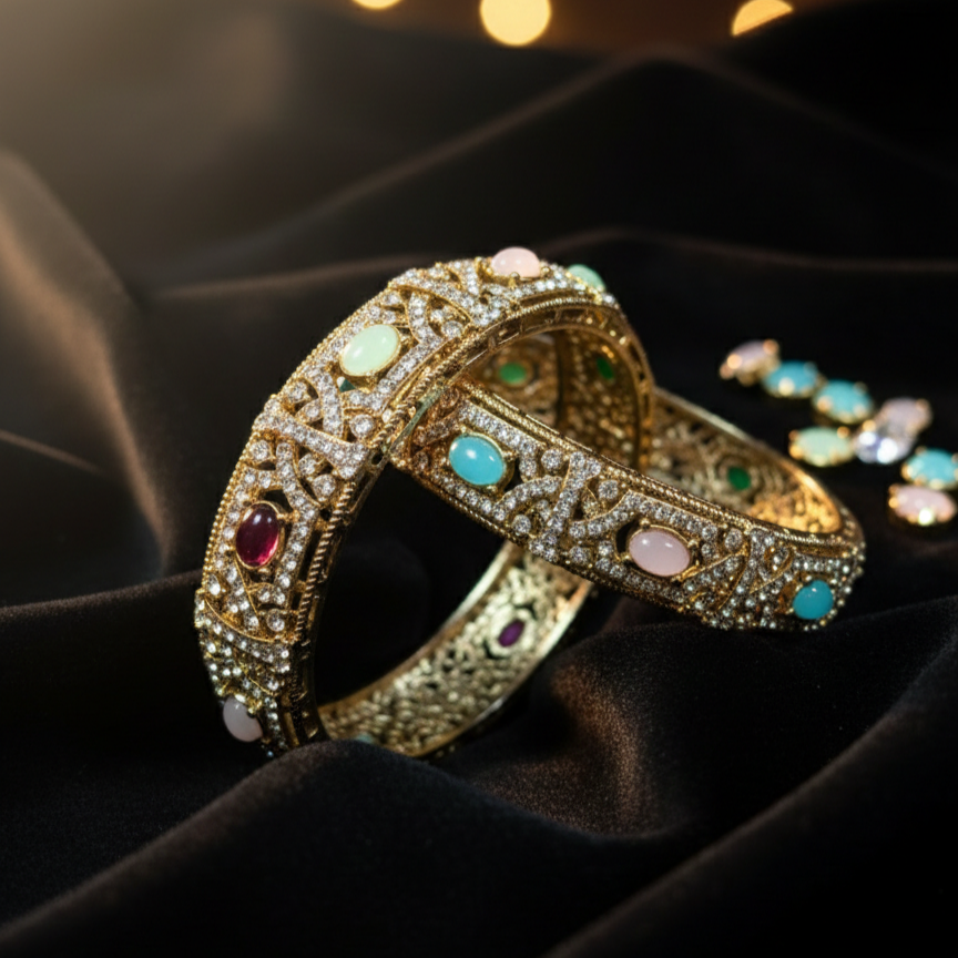 Gold Plated Meenakari Pearl & Kundan Bangles