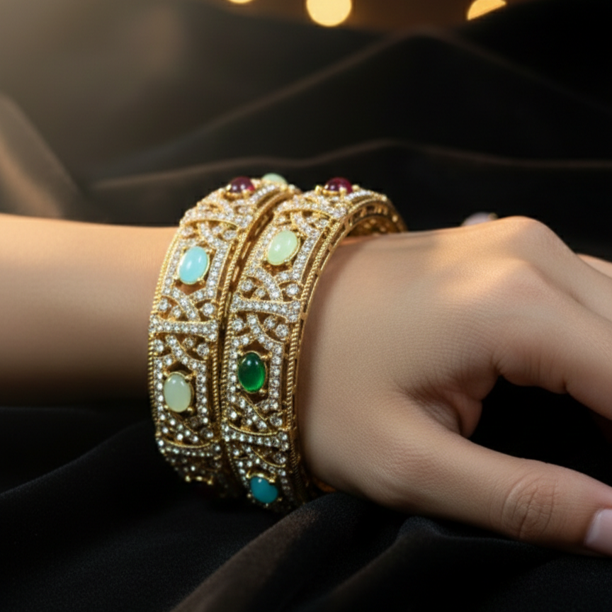 Gold Plated Meenakari Pearl & Kundan Bangles