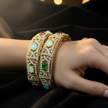 Gold Plated Meenakari Pearl & Kundan Bangles