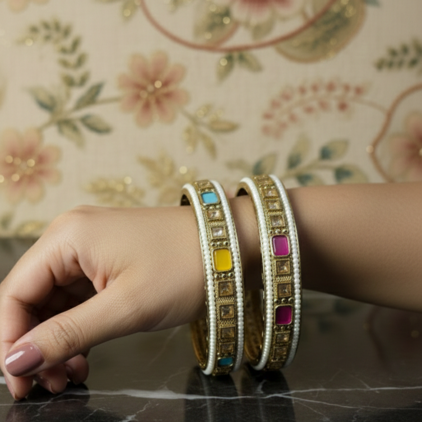 Gold Plated Meenakari Pearl & Kundan Bangles
