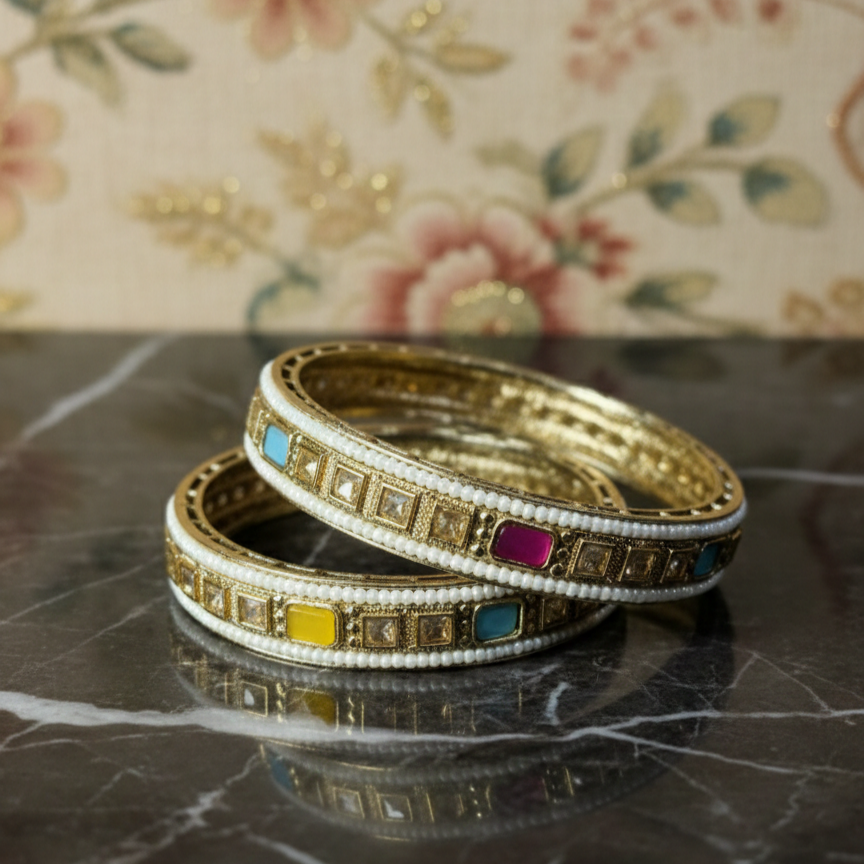 Gold Plated Meenakari Pearl & Kundan Bangles