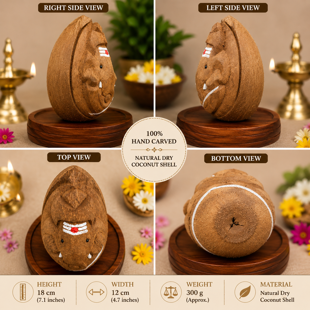 Hand Carved Coconut Ganesh Idol | Natural Dry Coconut Shell Sculpture | Spiritual Home Temple Decor | Vastu & Pooja Gift | 18 cm