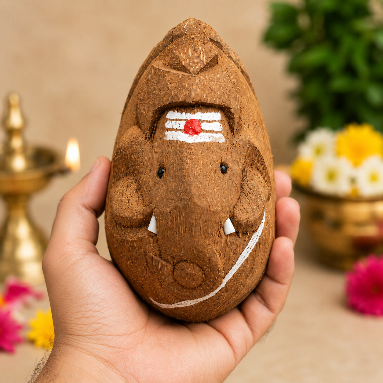 Hand Carved Coconut Ganesh Idol | Natural Dry Coconut Shell Sculpture | Spiritual Home Temple Decor | Vastu & Pooja Gift | 18 cm