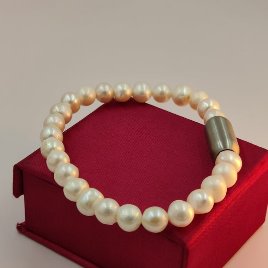 White Pearl Bracelet For Mens With Magnetic Loc