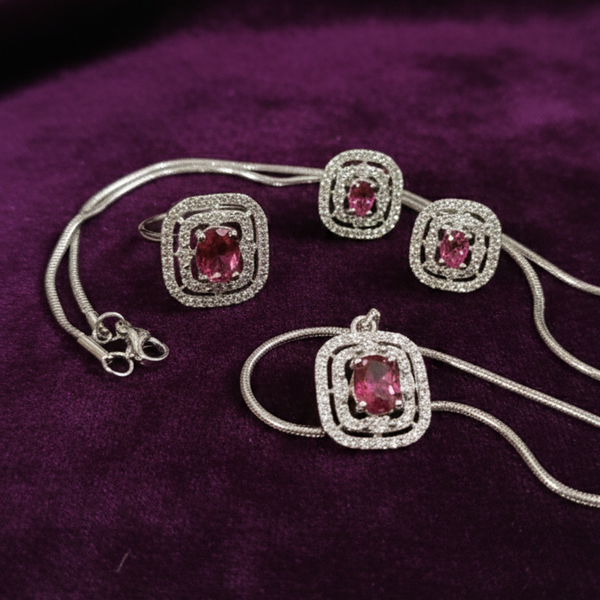 Ruby Red Stone Locket & Earrings Set With Premium AD Work