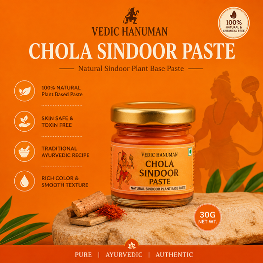 Vedic Hanuman Chola Sindoor Paste packaging with product details on an orange background