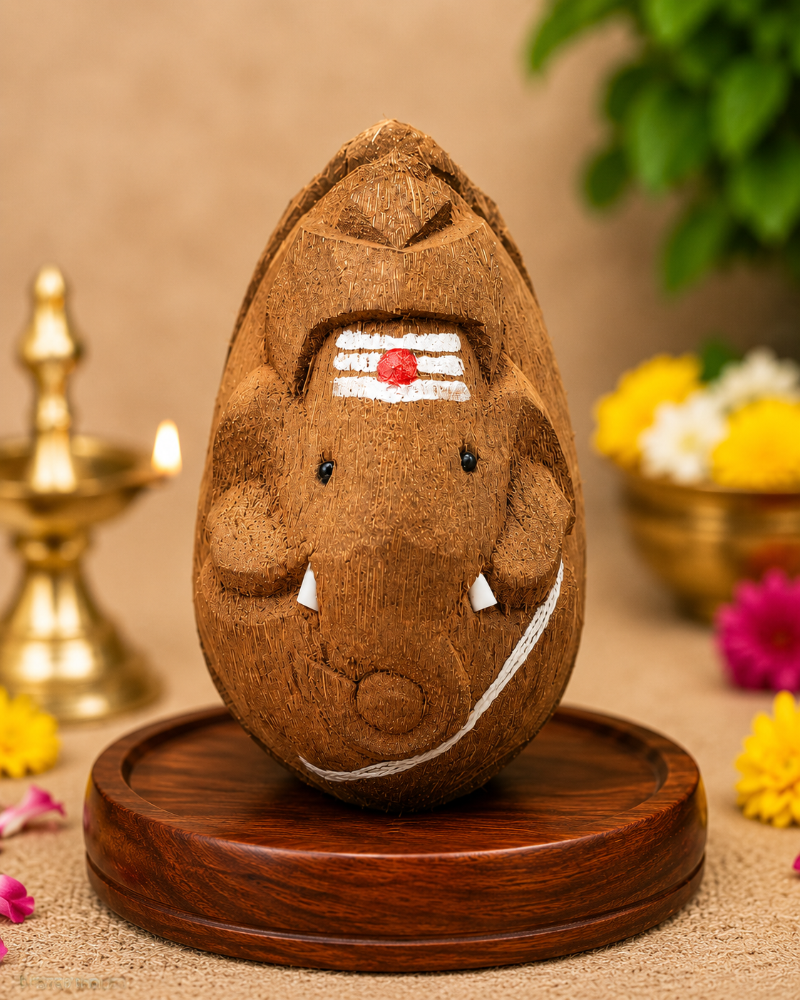 Hand Carved Coconut Ganesh Idol | Natural Dry Coconut Shell Sculpture | Spiritual Home Temple Decor | Vastu & Pooja Gift | 18 cm